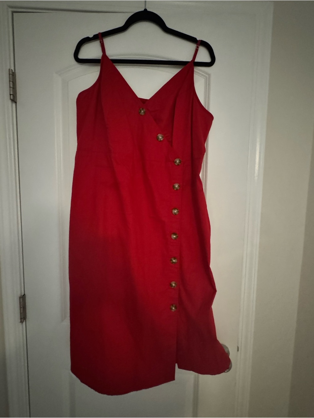 Express Red V-Neck Midi Dress with Asymmetric Button Detail